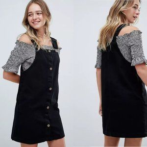 Denim Button Front Overall Black Mini Dress